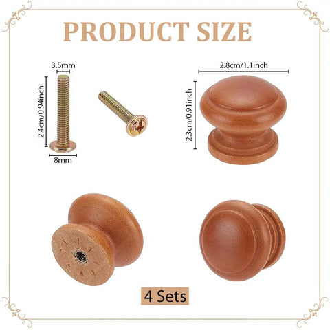 Mushroom Shaped Wood Drawer Knobs 4 Pack, 28mm 1.1 Inch Brown Cabinet Hardware with measurements and screws included