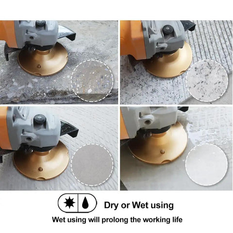 4 Inch Diamond Grinding And Polishing Pads Grit 30 And 50 Aluminum Based Backer on concrete surface showing dry and wet use