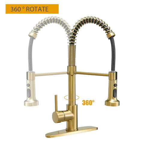 High Arc Kitchen Faucet With Pull Down Sprayer And 360 Degree Swivel, Three Function Sprayer Head, Brushed Gold Finish