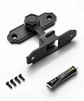 Glow In The Dark Barn Door Lock With 90 Degree Flip Latch, Safety Bolt For Sliding Doors In Bathroom Garden Garage And Pet Cage, Luminous Hardware Black 1 Pack, showing lock parts and screws on a white background.