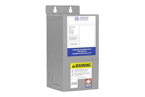 Single Phase Buck-Boost Transformer 208 Volt Primary To 229 Volt Secondary Step Up For AC Power, compact grey unit front view