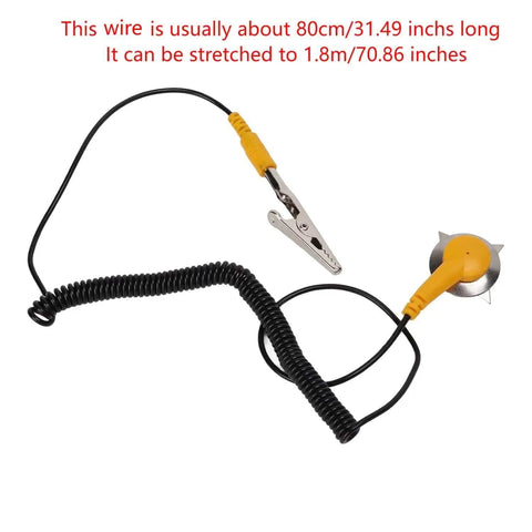 Anti Static Grounding Wire Set 5 Pack With Stainless Steel Clips 2mm Diameter, coiled black wire with yellow stainless steel clamp
