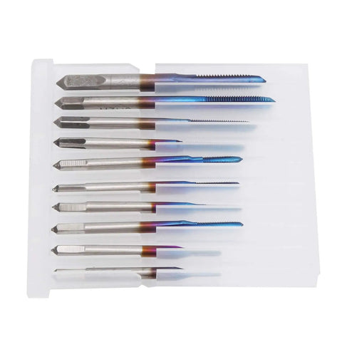 10Pc Tungsten Steel Screw Tap Set Straight Flute Machine Taps M1-M3.5 organized in a clear holder, ideal for threading metals and plastics.