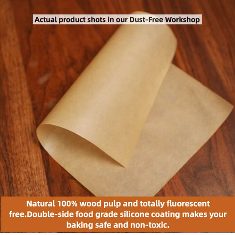 Heavy Duty 6X6 Inch Pre Cut Parchment Paper Squares 19200 Ct Bulk Case Oven Safe Non Stick Baking Sheets on wood surface.