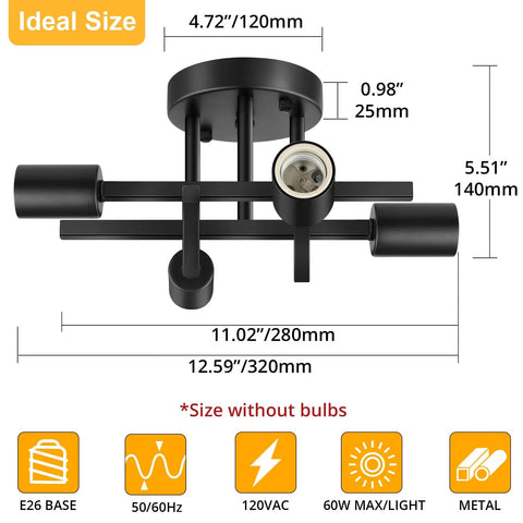 Dimensions of Industrial Four Light Semi Flush Mount Ceiling Light Fixture Matte Black Rustic Sputnik Chandelier