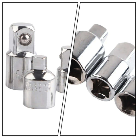 Top Tier 4pcs Impact Socket Adapter And Reducer Kit For Ratchets Drop Forged Steel Chrome Silver Detent Balls Heavy Duty Wrench Converter Fits All Sizes. Chrome steel socket adapters with detent ball, shown in multiple drive sizes