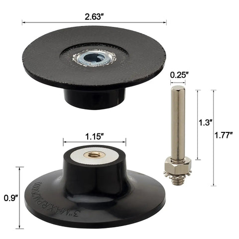 Two Pack 3 Inch Sanding Disc Holder With Quick Change Disc Adapter And One Quarter Inch Shank Great For 3 Inch Discs Used With Die Grinders And Drill Drivers Disc Pad For Polishing And Surface Prep displayed with measurements of components.