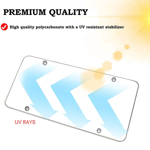 Crystal Clear License Plate Cover Set With Unbreakable Frame showing UV protection in action with polycarbonate material.