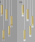 Gold Modern Mini Pendant Lights 3 Pack showing off and on states, clear acrylic lampshades, sleek gold finish for stylish dining areas