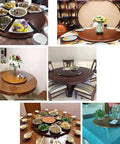 Premium Wooden Lazy Susan Turntable Nailed It Design Smooth Spinning Rotating Serving Plate on various dining tables with food.
