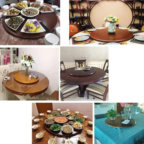 Heavy Duty Wooden Lazy Susan Rotating Dining Table Turntable with large round serving platters for shared meals.