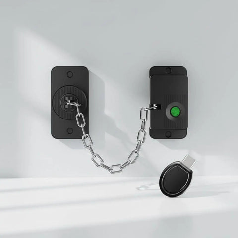 Keyless Electronic Drawer Lock With USB Power Backup shown open with chain and USB key on white surface