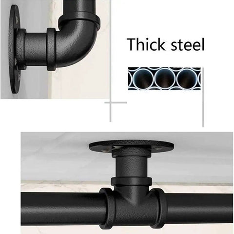 Heavy Duty Rustic Industrial Pipe Railing And Beefy Wrought Iron Handrail for Porches Decks Stairs showing thick steel pipe joints.
