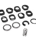 Complete Mountain Bike Headset Kit with CNC machined spacers, top and bottom covers, bearings, and fork expander plug displayed.