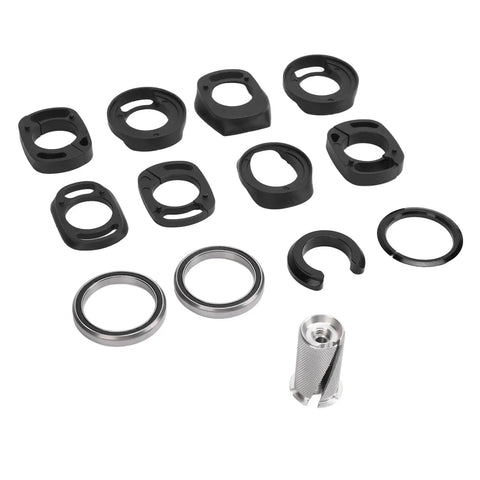 Complete Mountain Bike Headset Kit with CNC machined spacers, top and bottom covers, bearings, and fork expander plug displayed.
