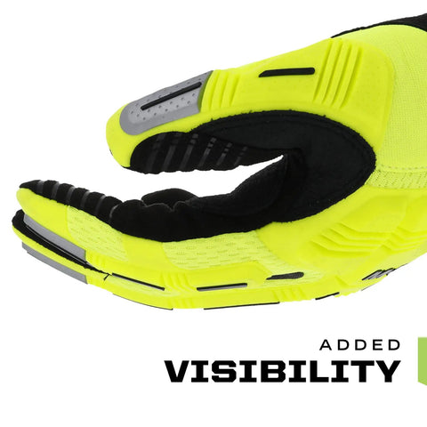 Hi Viz M Pact Gloves With Synthetic Leather And TrekDry Full Finger Anti Vibration Design close-up of palm and finger details