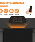 Slick Foldable Treadmill With Bright Led Display And Handy Remote Control showing LCD display with time, speed, calories, and distance.