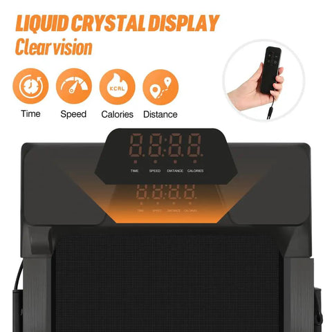Slick Foldable Treadmill With Bright Led Display And Handy Remote Control showing LCD display with time, speed, calories, and distance.