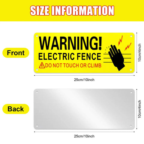Reflective Aluminum Electric Fence Warning Signs, 8 Pack, 10 By 4 Inches, Weatherproof Outdoor Safety Signs For Farm And Home, UV Gloss Finish For Maximum Visibility And Durability, front and back