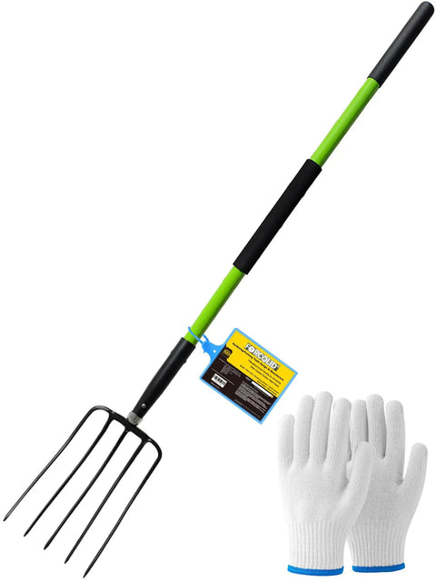 57 Inch 5 Tine Steel Garden Pitch Fork With Cushioned Grip Heavy Duty Mulch And Compost Fork Green Fiberglass Handle