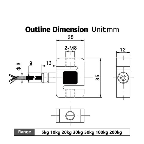 Pro Grade S Beam Load Cell Sensor For Flat Single Point Weight Measurement, Compression Force Sensor Simulating Shear, 2.0 Millivolts Per Volt Output, 5 to 15 Volt Excitation, 350 Ohm Impedance, Industrial Scale Component. outline drawing with 25x35mm body, 2-M8 holes, 200 kg range