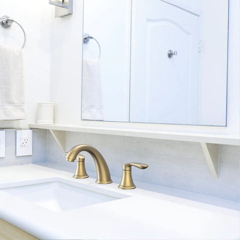 Dual-Handle Widespread Bathroom Sink Faucet in Brushed Gold Finish with 3-Hole Design, includes pop-up drain on vanity