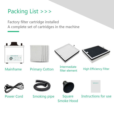 Packing list for Triple Filter Solder Smoke Absorber Tabletop Fume Extractor with components and instructions.