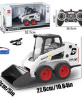 One Fourteenth Scale RC Skid Steer Loader With Eleven Channel Full Function Remote Two Point Four G Lights And Sounds Independent Dig Arm 360 Degree Rotation Front Loader Tractor Excavator Toy For Construction Fans Built Tough in packaging with remote control and battery, dimensions indicated