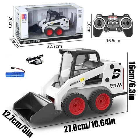 One Fourteenth Scale RC Skid Steer Loader With Eleven Channel Full Function Remote Two Point Four G Lights And Sounds Independent Dig Arm 360 Degree Rotation Front Loader Tractor Excavator Toy For Construction Fans Built Tough in packaging with remote control and battery, dimensions indicated
