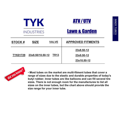 Specification chart for Two Pack Beefy Heavy Duty Inner Tubes For 23x8.50-12 And 23x9.50-12 Lawn Mower Tractor Tires