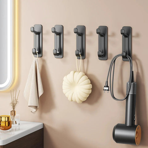 Five Pack Heavy Duty Adhesive Wall Hooks That Hold Up To 22 Lbs No Drill Install Easy On Clean Removal Sleek Black Finish bathroom use