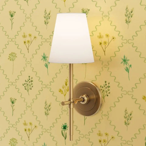 Level Up Your Interiors With This Stunning Cottage Floral Gold Metallic Wallpaper Showcasing Rich Fibrous Texture And Effortless Paste Application For Ultimate Room Refresh Vibes with a stylish wall sconce.
