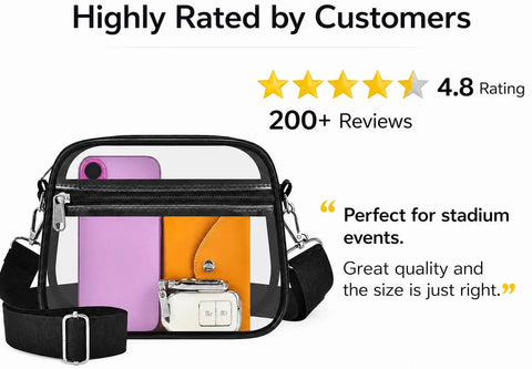 Clear Stadium Bag For Events, Compact Mini Purse With Crossbody Strap showing contents and customer reviews