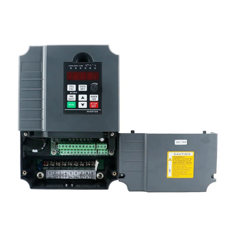 No Sweat Setup 5.5KW Water Cooled Spindle Motor Kit With Dual Voltage VFD And ER25 Chuck inverter with display and wiring connections.