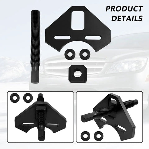 Sandfren black car hub remover tool kit with long threaded rod, mounting plate, and spacers for universal lug hub removal