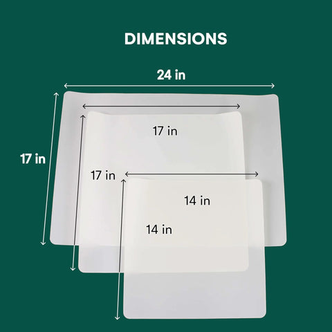Three Pack PTFE Sheets In Multiple Sizes Non Stick Transparent Reusable Sheets Extra Thick And Heat Resistant shown with dimensions