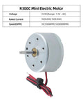 Close-up of R300C Mini Electric Motor Kit showing DC motor with specifications table for 3D printer projects and USB fan builds