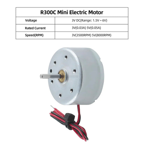 Close-up of R300C Mini Electric Motor Kit showing DC motor with specifications table for 3D printer projects and USB fan builds