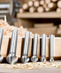 Front view of six silver HSS chamfering end mill bits, 90° with 3 flutes, set on wood shavings in a workshop