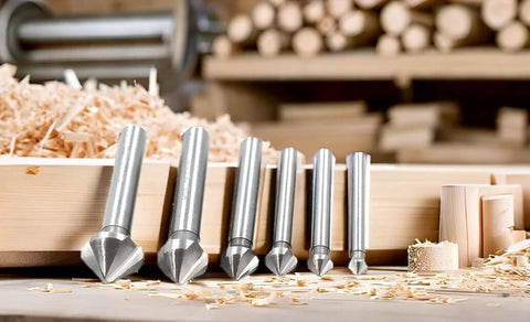 Front view of six silver HSS chamfering end mill bits, 90° with 3 flutes, set on wood shavings in a workshop