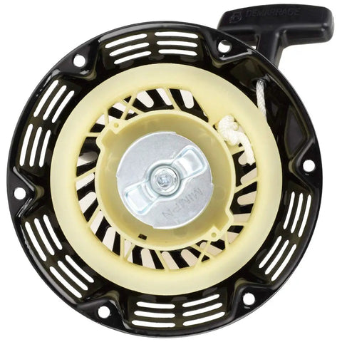 Pull Start Recoil Starter Assembly No Fuss For Predator 212cc And GX Engines, top view of black and cream starter with handle