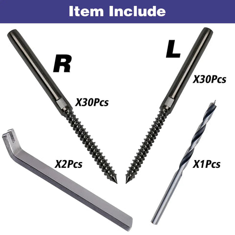Left And Right Handed Thread Lag Screws For 1/8 Inch Decking Cable Railing Kit Non Turnbuckle System 30 Pack Black Finish shown with wrench and drill bit