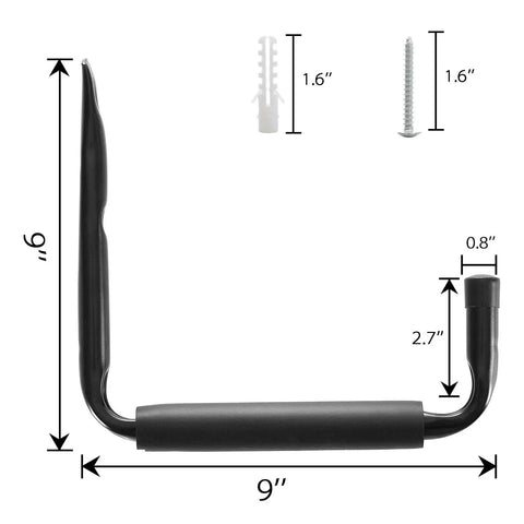 Heavy Duty Garage Hooks With 9 Inch Jumbo Arm Wall Mount Organizer For Ladders Tools Chairs Hoses Bicycles And Other Bulky Gear Ideal For Garage Storage And Organization 6 Pack Black Heavy Duty Wall Hangers showing dimensions and included screws.