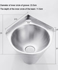 Bathroom Sink Wall-Mounted Corner Bathroom Sink Stainless Steel Round Sink Single Rv Kitchen Sink Camper Sink dimensions and features view.