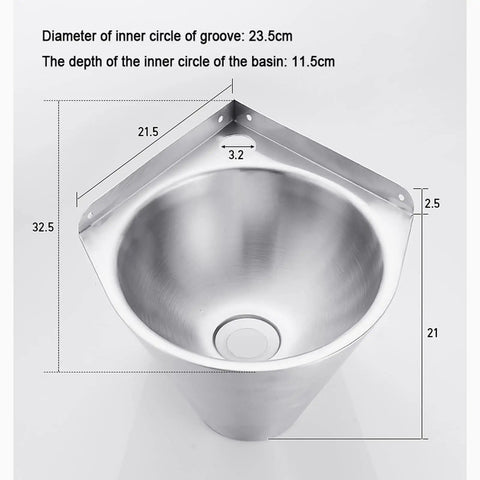 Bathroom Sink Wall-Mounted Corner Bathroom Sink Stainless Steel Round Sink Single Rv Kitchen Sink Camper Sink dimensions and features view.
