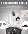 High Capacity Cyclone Dust Separator For 4 Inch Hoses With Clear Abs Housing features a 2-inch conversion interface and clear ABS housing.