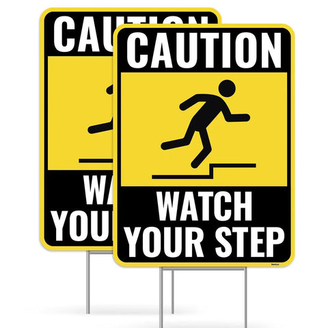 Two Pack Watch Your Step Yard Signs With Metal Stakes 12 By 9 Inches Corrugated Plastic Outdoor Caution Signs Bold Lettering Easy Install No Tools Needed