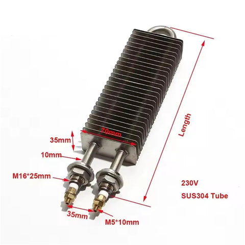 Built Heavy Square Finned Air Heater 230V 1400W High Efficiency Heating Element with dimensions shown for electric blower.