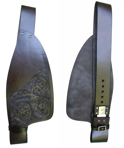 Western Style Adult Saddle Fenders In Tooled Brown Full Grain Leather Replacement Adjustable Fenders With Hand Tooled Border