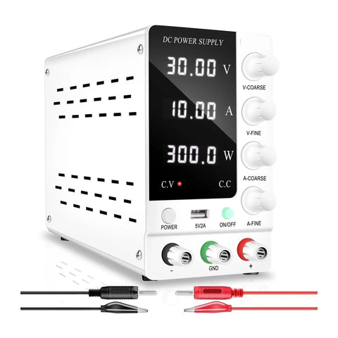 Adjustable DC Bench Power Supply 32V 6A And 30V 10A Regulated Switching Lab Source Plug And Play, white compact design
